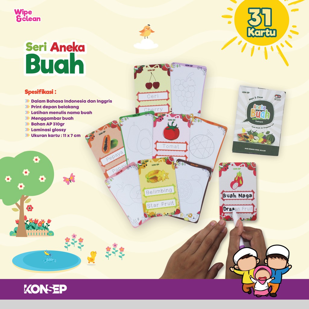 [FREE SPIDOL] Konsep Flashcard Wipe and Clean Aneka Buah / Flash Card / Mainan Edukasi