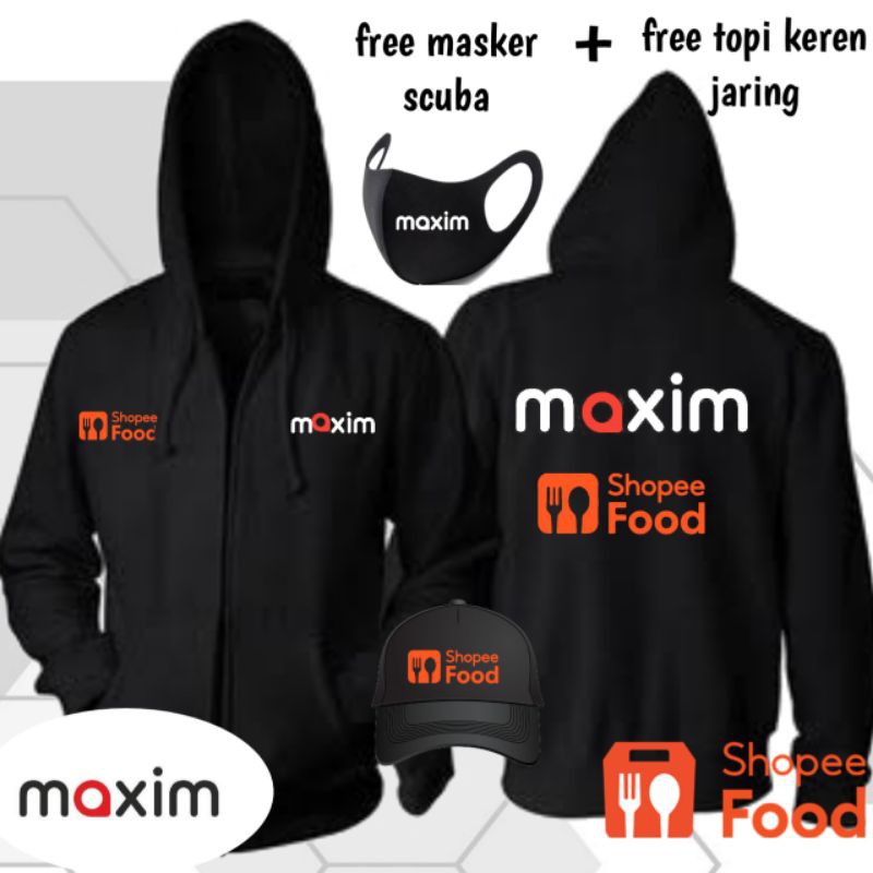 Hoodie Zipper gabungan Maxim dan food ( pengantar makanan)+ free masker dan topi jaring
