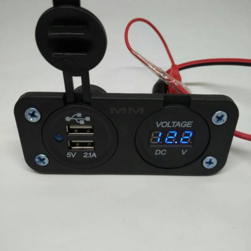 Voltmeter USB Tanam Motor Layar Digital LED Charger 2 Socket USB Volt Meter + Usb Nmax Aerox Vario Mio Pcx New