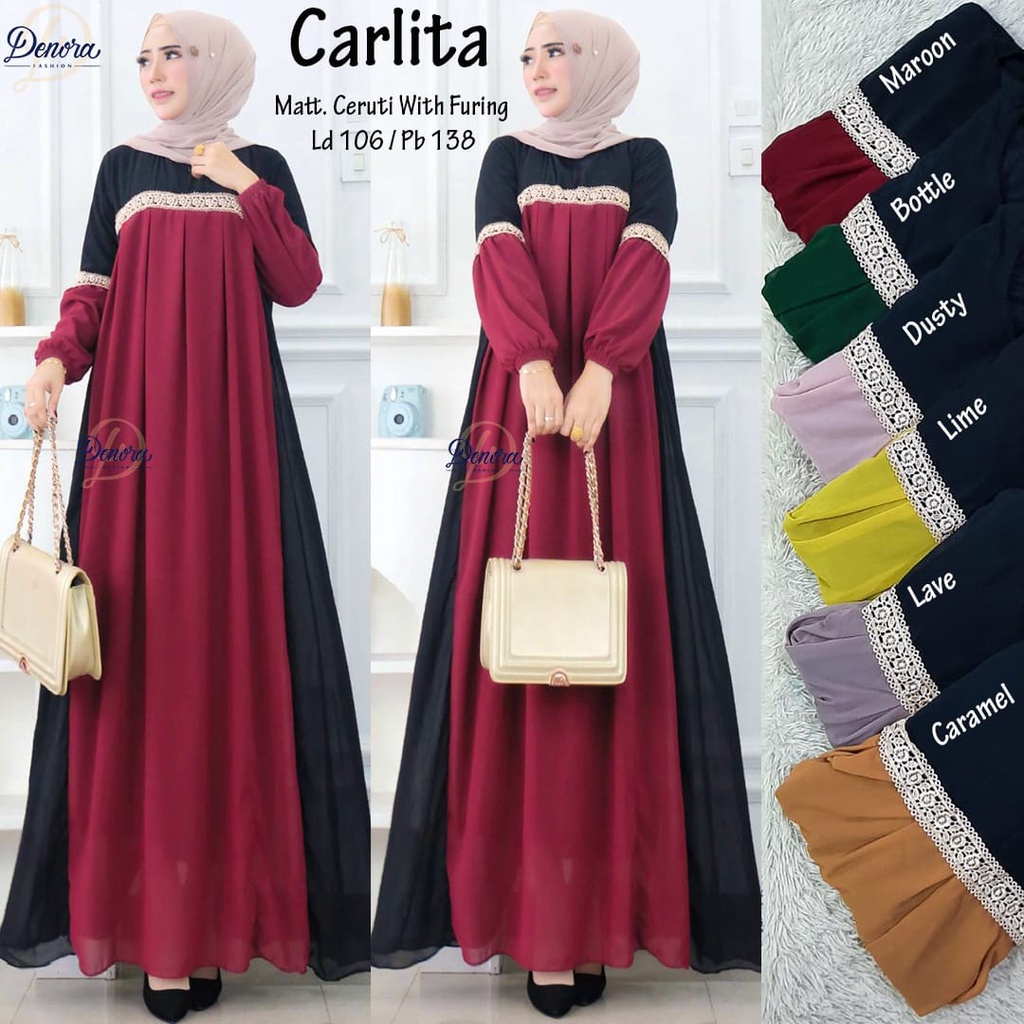 ready || CARLITA DRESS CERUTI FORMAL ELEGAN DENORA ORIGINAL | Gamis Ceruty Elegan Terbaru