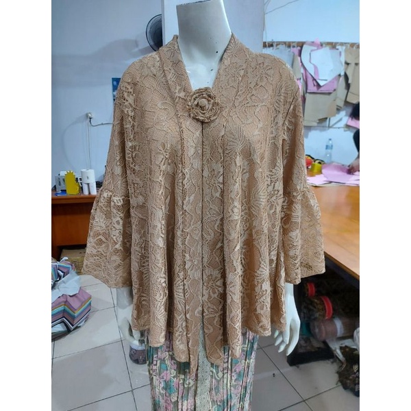 (BrBlJMB) Kebaya floy JUMBO BROKAT tangan BALON glitter KeroncongBusana-Coklat Susu