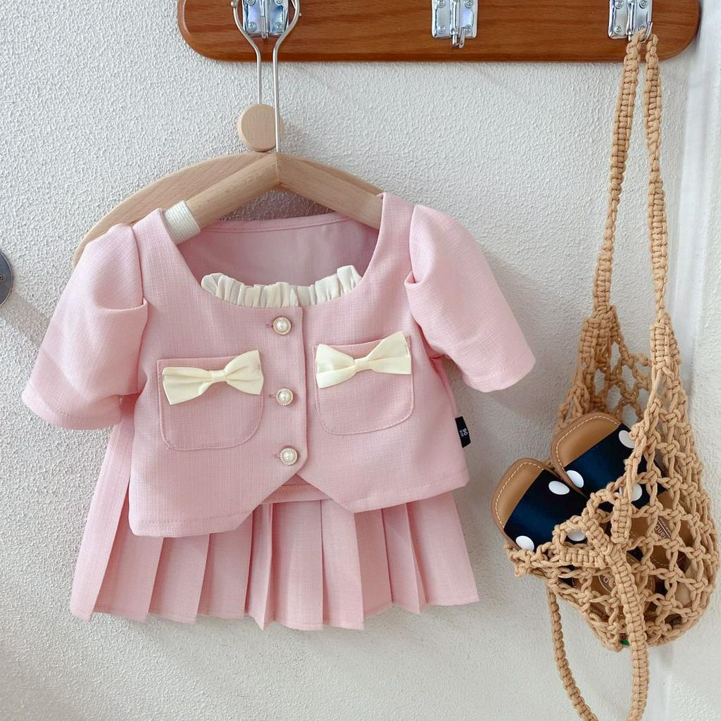 Setelan Anak Perempuan Korean Style Pink Saku Pita+Rok Lipit
