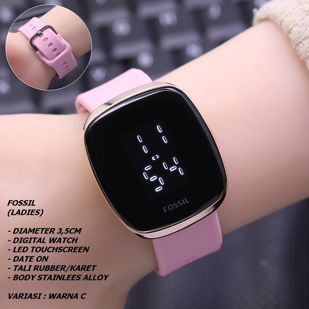 JAM TANGAN WANITA FASHION TALI RUBBER BODY SEGI ROSE GOLD LED TANGGAL AKTIF