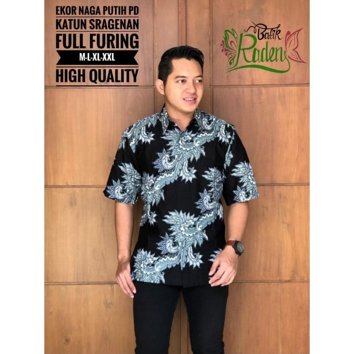Kemeja Batik Pria Motif EKOR NAGA PUTIH Lapis Furing Halus / masbatiksolo