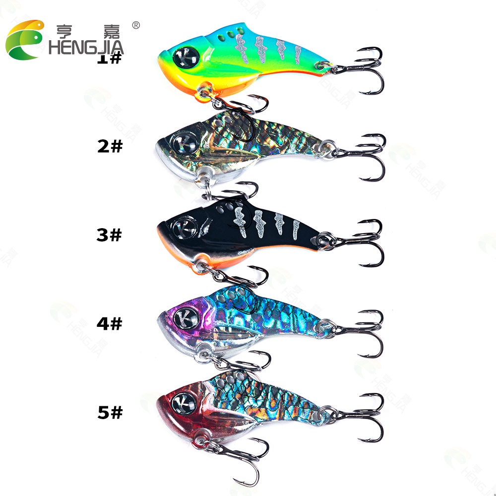 Hengjia 5PCS / Kantong Umpan Pancing VIB Bentuk Ikan Mata 3D 3.9cm 9g Dengan Kail Treble