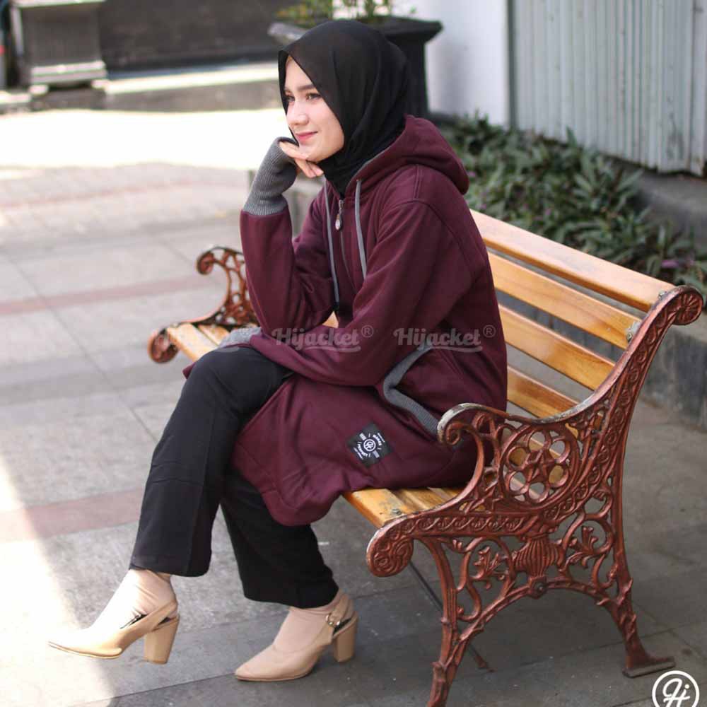 Jaket Jacket Wanita Cewek Cewe Hijaket Hijabers Muslimah Panjang Hoodie Hijacket Handsock ELK Ungu-3