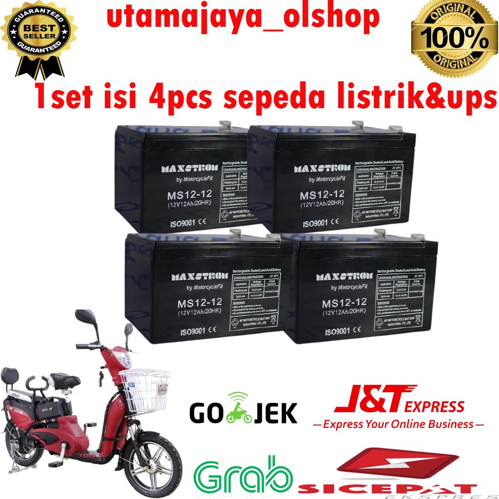 Aki sepeda listrik dan ups 4pcs Maxstrom 12V 12AH 1SET lebih murah