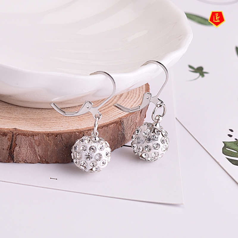 [Ready Stock]Spherical Diamond-Embedded Crystal Earrings Silver Simple