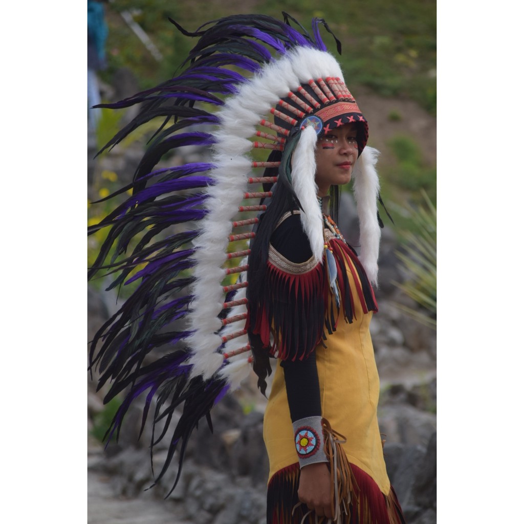 TOPI INDIAN - INDIAN HEADDRESS MEDIUM AYAM BILABONG UNGU FUR PUTIH