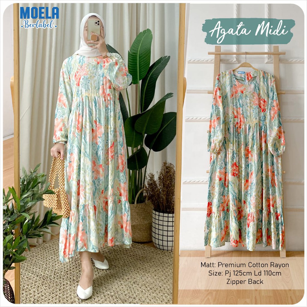 AGATA Midi Dress Moela LD110 Dres Wanita Bahan Katun Rayon Baju Gamis Jumbo