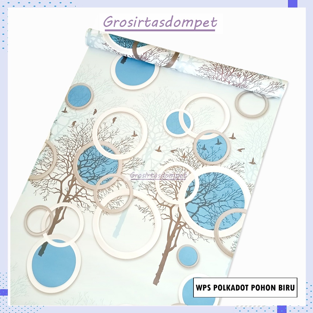 Wallpaper Dinding Kamar Polkadot 3D Biru Pohon Sticker Murah Dekorasi Rumah Ada Lem Langsung Pasang-3