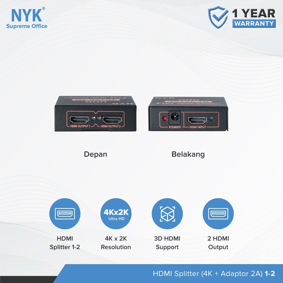 Nyk HDMI Splitter 2Port 4Kx2K UHD - Splitter hdmi 1-2