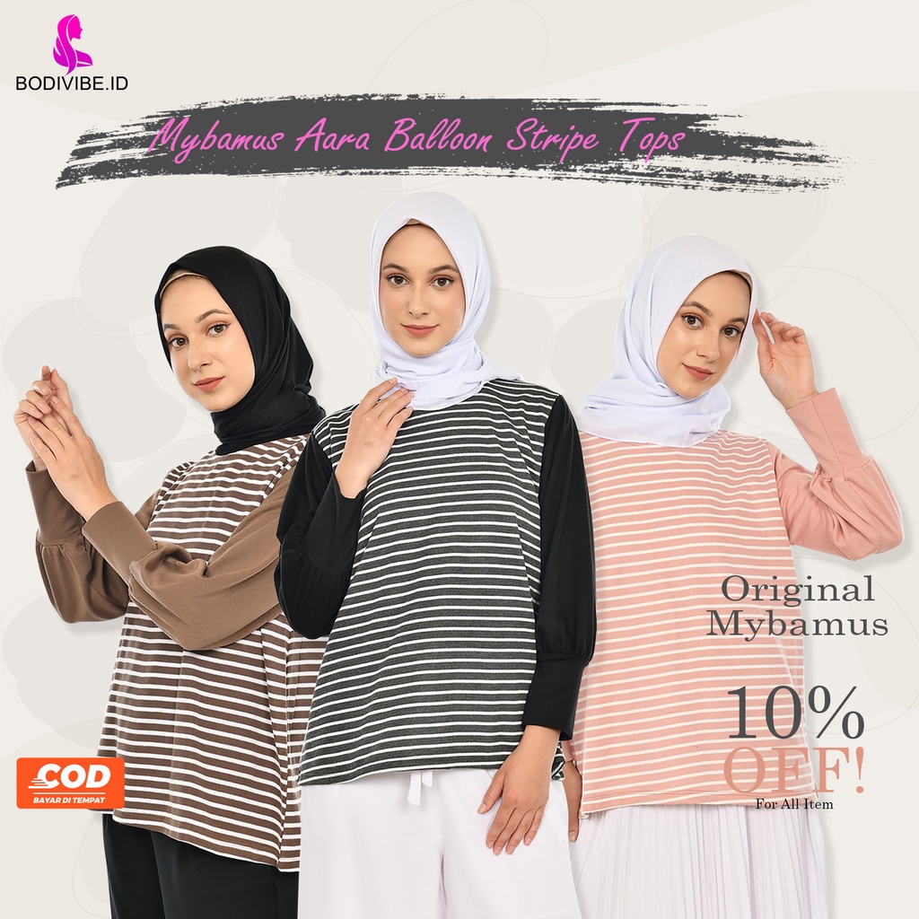 Baju Atasan Blouse Wanita Remaja Muslim Stripe Lengan Balon Panjang Jumbo Kekinian Premium Korea