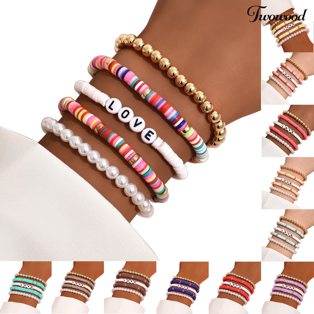 5pcs Gelang Bahan Polymer Clay Motif Tulisan Love Warna-Warni Gaya Bohemian Untuk Unisex