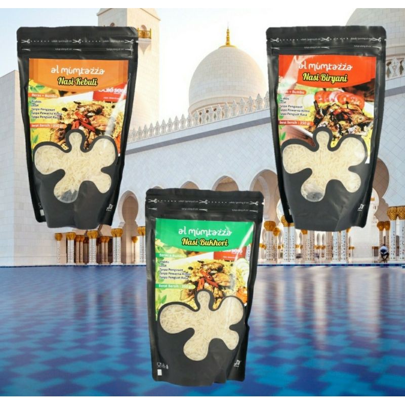 

PAKET HEMAT BERAS BASMATI+BUMBU ALMUMTAZZA KEBULI,BUKHORI,BIRYANI MURAH, BISA UNTUK 4-5 PORSI.