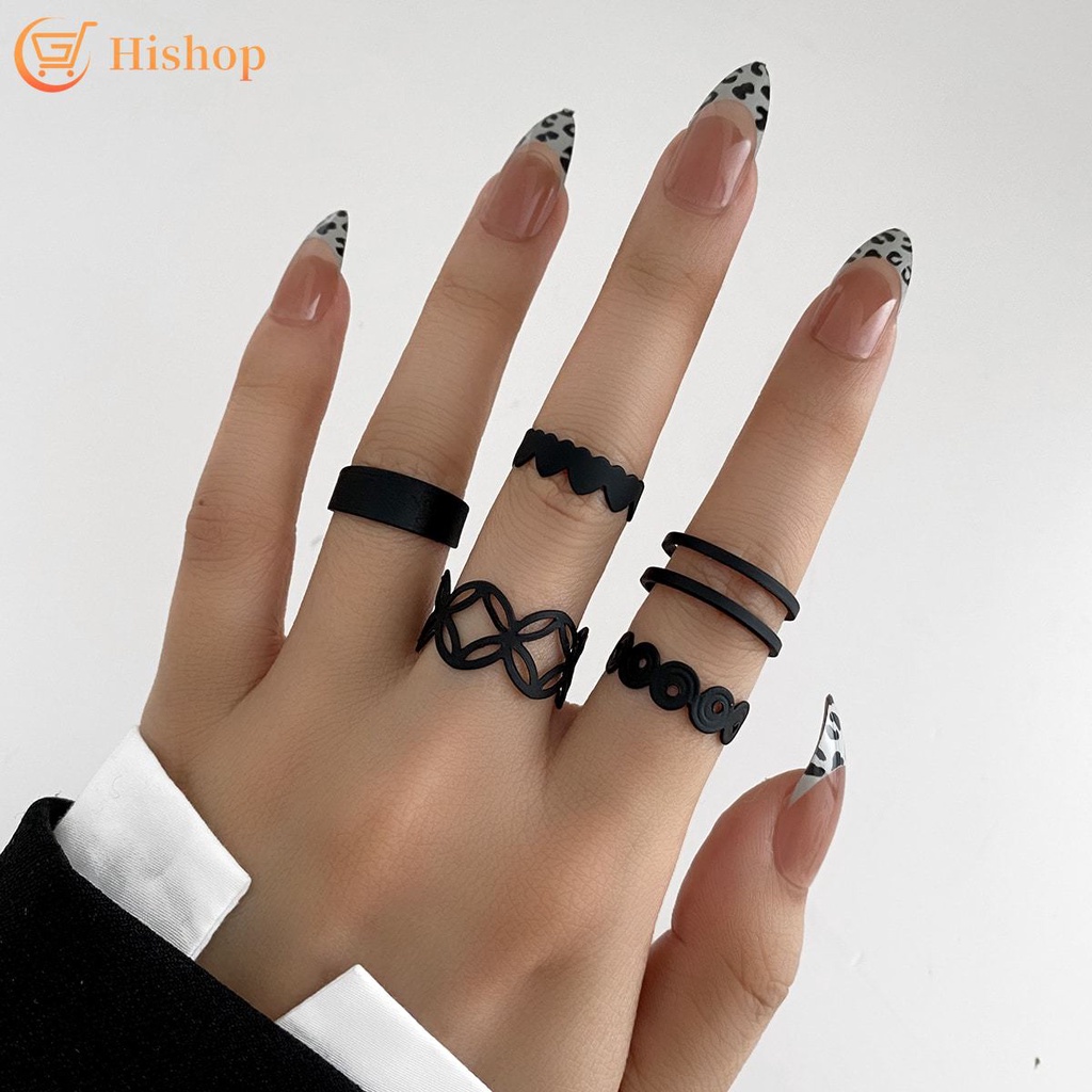 5pcs / Set Cincin Model Terbuka Hollow Silang Warna Hitam Matte Untuk Wanita