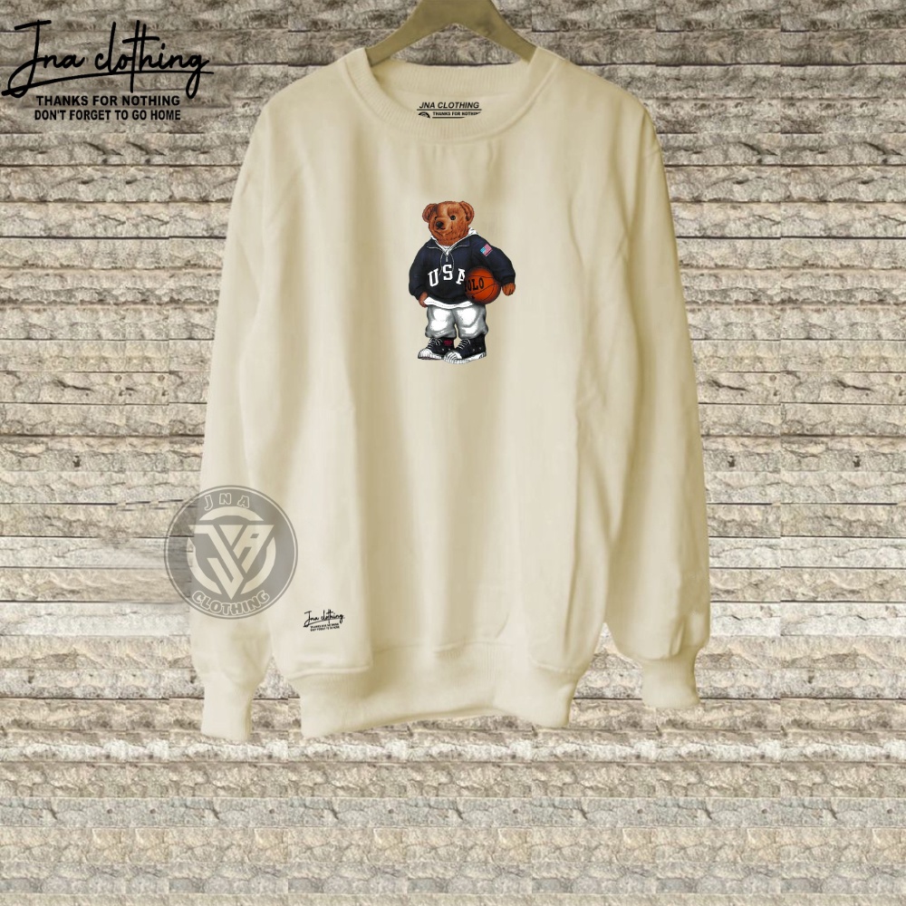 Sweater Oblong Pria Cream Gambar Bear Basket Crewneck Basic Pria/Wanita Switer Sweatshirt Aestethic Kekinian Suiter CN Krunek Cowo Oversize