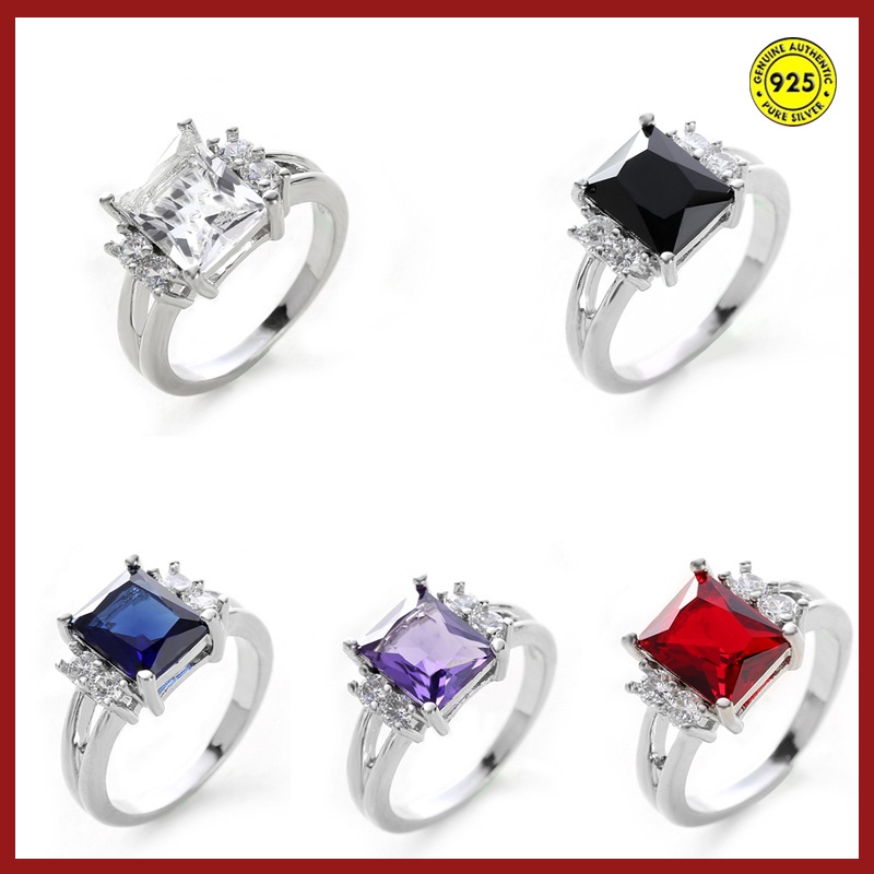 Cincin Zircon Persegi Bahan S925 Silver Platinum Gaya Korea