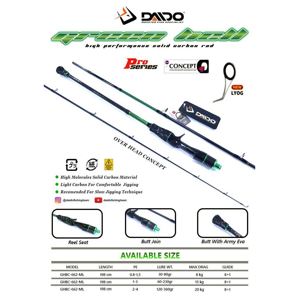 Joran Pancing DAIDO Green Hell 198cm BC OH Over Head Carbon Ring Full Fuji Bait Casting Baitcasting Overhead 662 198 cm Slow Jigging Murah