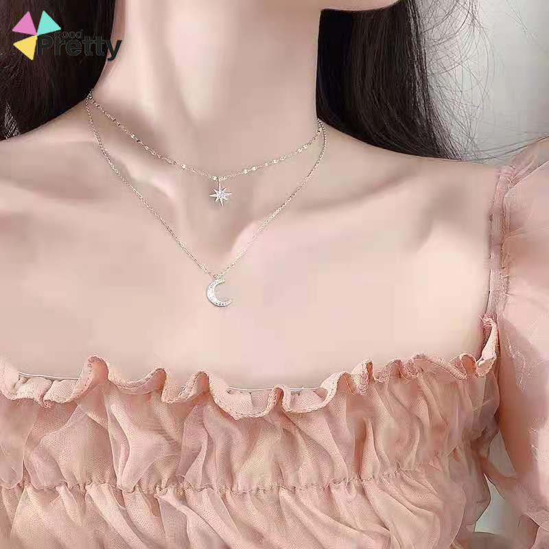 Kalung Rantai Double Layer Bentuk Bulan Bintang Untuk Wanita - PD