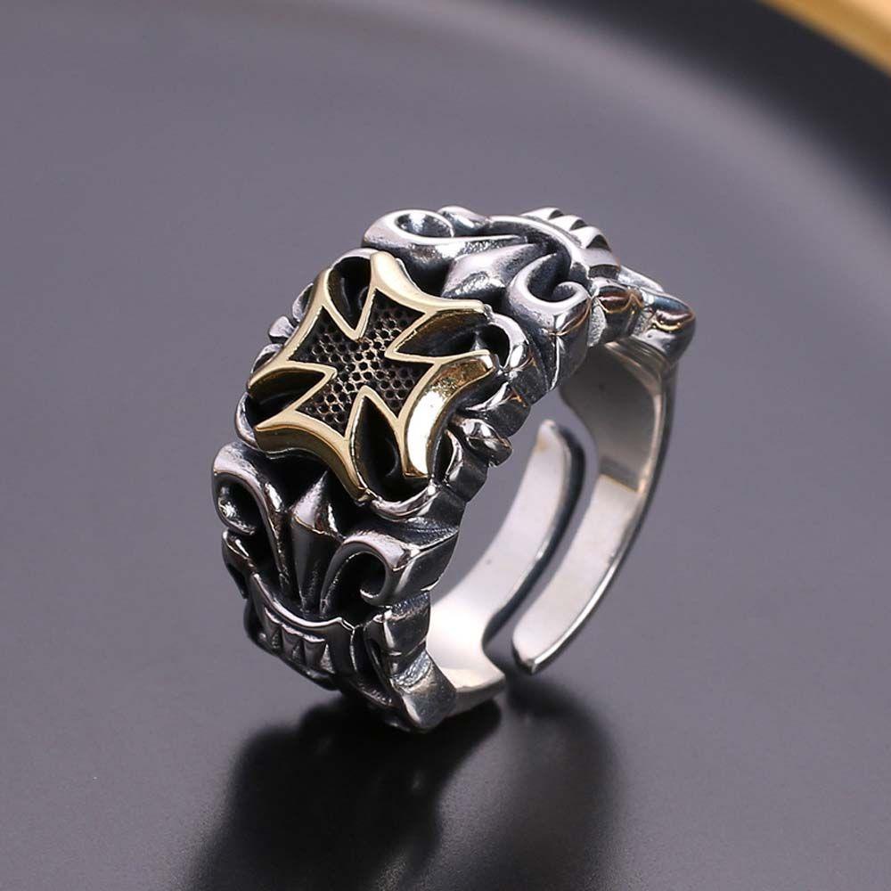 Mxbeauty Pria Cincin Wanita Hip-hop Retro Dewa Matahari Antik Perak Geometris Logam Thai Punk Gaya Cincin Pria Terbuka Cincin