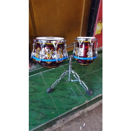 Kendang Ketipung Dangdut Ring V8 V6 Plus Stand Kayu Nangka Warna Red Marmer Batik