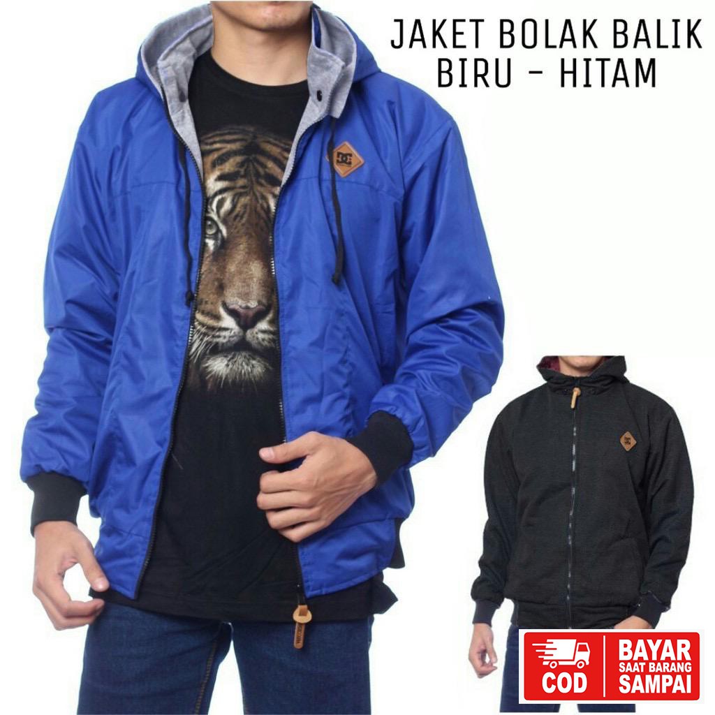 JAKET DC BOLAK BALIK / JAKET MOTOR / JAKET PARASUT HITAM-ABU-BIRU-HITAM