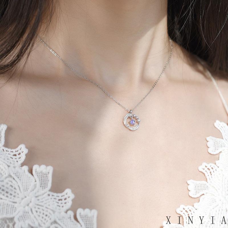 【Bayar di tempat】Kalung Rantai Liontin Lingkaran Geometris Bulu Bahan Zirkon Warna Silver Gaya Korea Untuk Wanita