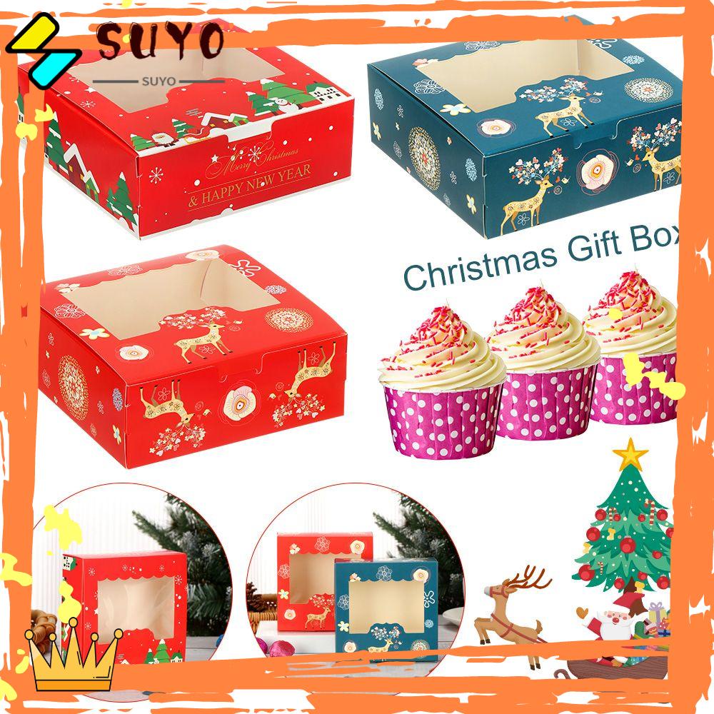 Suyo 1 / 10pcs Kotak Kue / Permen / Cupcake Motif Natal Bahan Kardus Dengan 4 Cupping