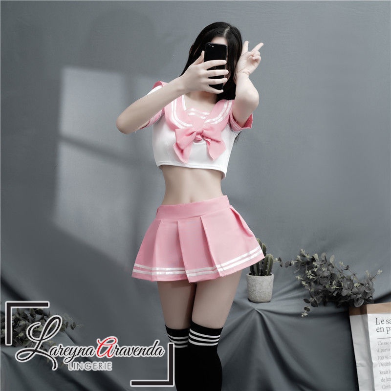 Lingerie + Rok Seksi Fit M/L/XL Kostume Pelajar Pink Dasi Kupu Kupu LG401