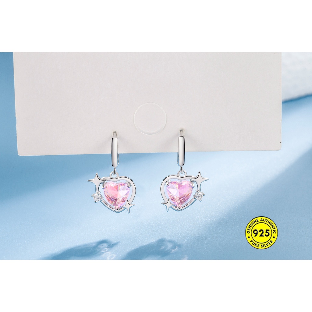 Anting Tusuk Sterling Silver 925 Desain Hati Hollow Hias Berlian Pink Untuk Wanita U933