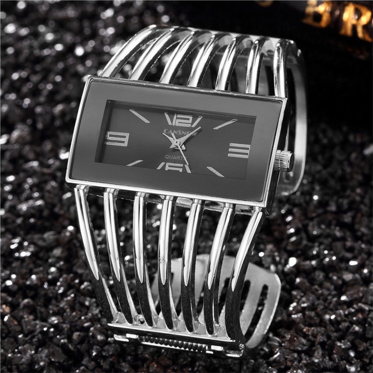 HOT PROMO Cansnow Wanita Jam Tangan Mewah Modis Mawar Emas Gelang Gelang Jam Tangan Wanita Gaun-silver black