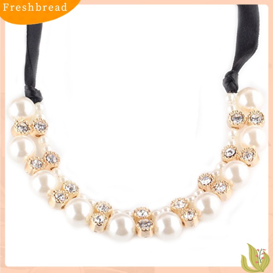 【Fresh】Women Fashion Double Row Faux Pearl Adjustable Ribbon Chain Choker Necklace