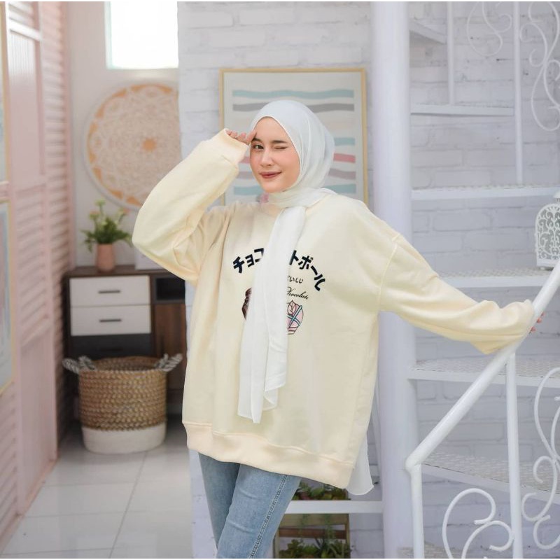 chocolate Sweater Basic Oblong Oversize Big size L.XL.XXL - Sweater Crewneck Wanita | style Korea Sweatshirt