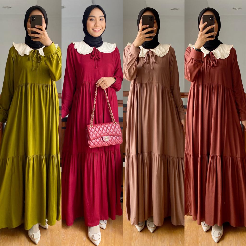 DRESS BAJU BUSANA MUSLIM WANITA GAMIS KERAH KRAH REBAH KEKINIAN VIRAL MODEL TERBARU BAHAN KATUN RAYO