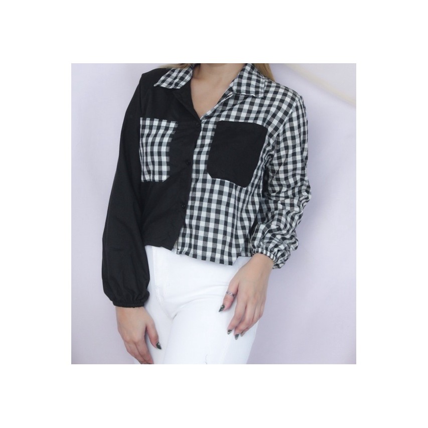 MIKA CROP TOP BLOUSE / KEMEJA WANITA / KEMEJA CROP WANITA TARTAN /KEMEJA TWO TONE KOTAK / BLOUSE KEKINIAN-KOTAK KECIL HITAM