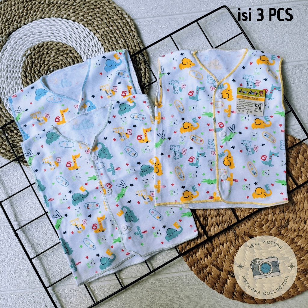 3 SET Baju Bayi Kutung Baru Lahir / 3 PCS Baju Bayi Newborn / 3 Baju Bayi Tanpa Lengan Putih Motip SNI Bayi Baru Lahir Meyriana Collection