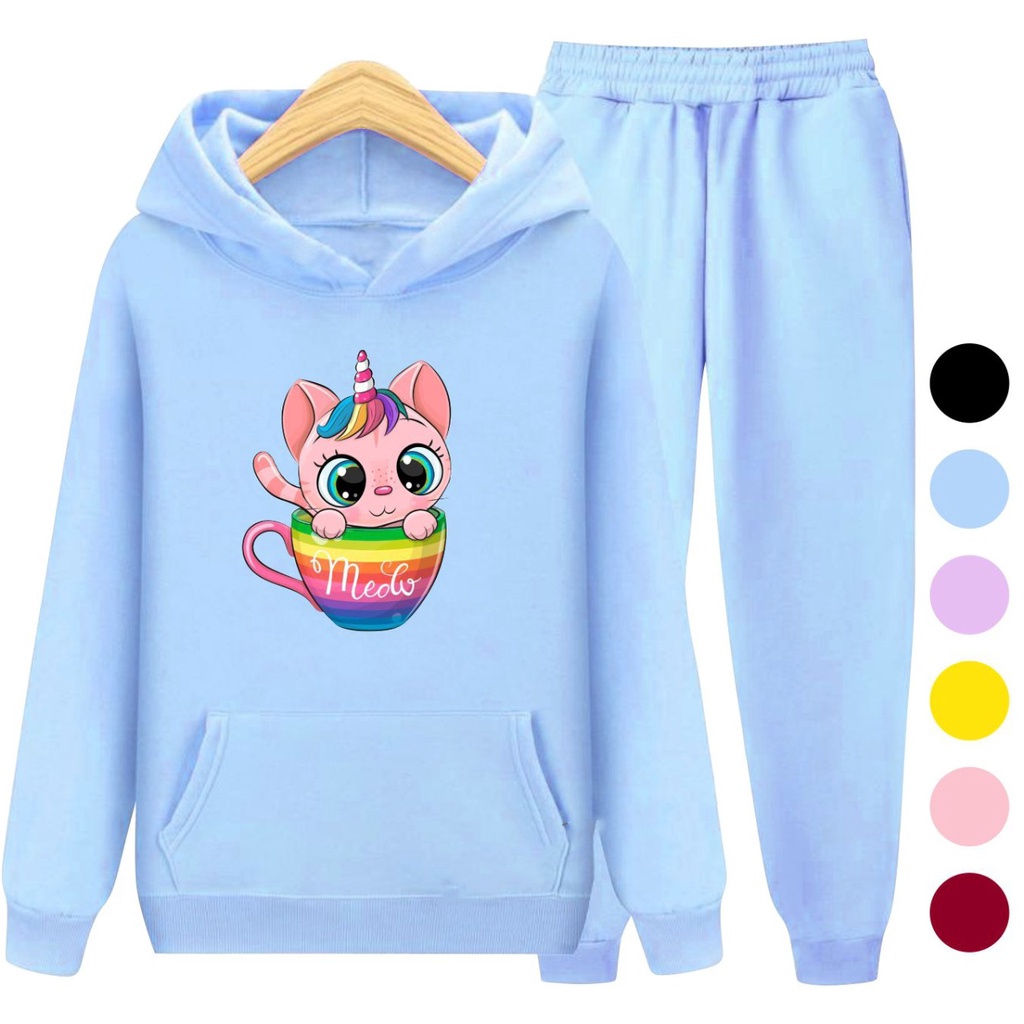 Setelan Anak Sweater Hoodie CAT MEOW / Set Anak Perempuan Baju Jaket Anak Cewek