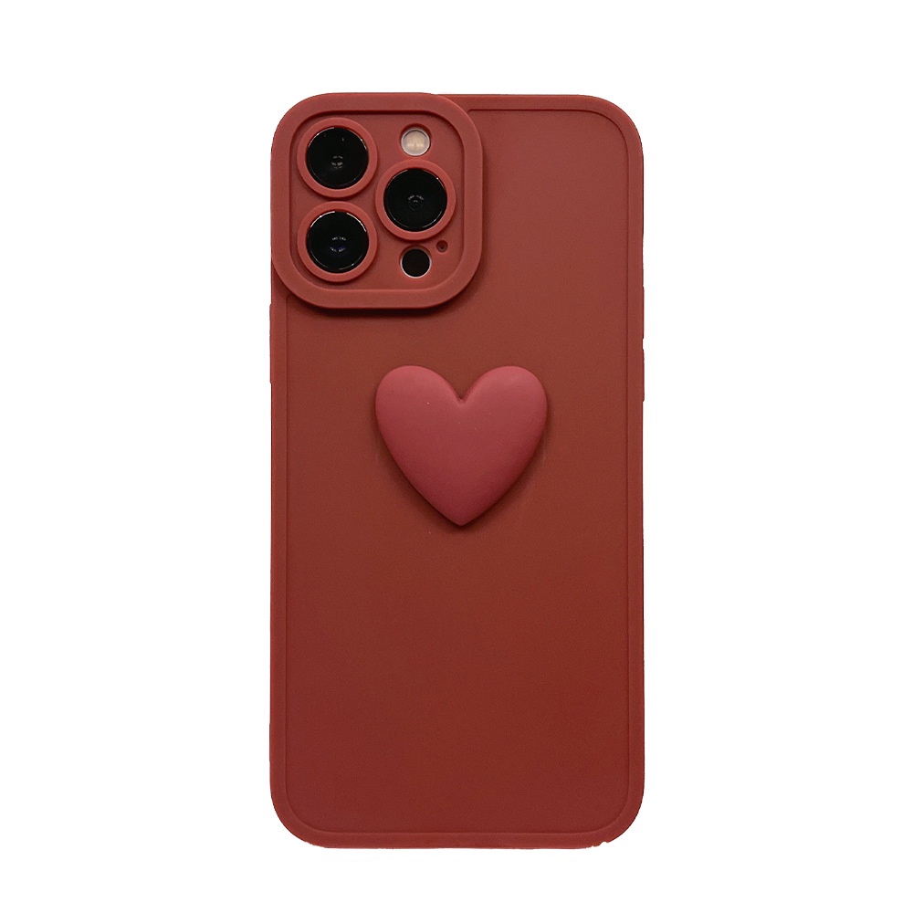 Case Pelindung Penuh Desain Hati 3D Warna Wine Red Polos Untuk Iphone 7 8 PLUS XR XS 11 12 13 MINI PRO MAX SE