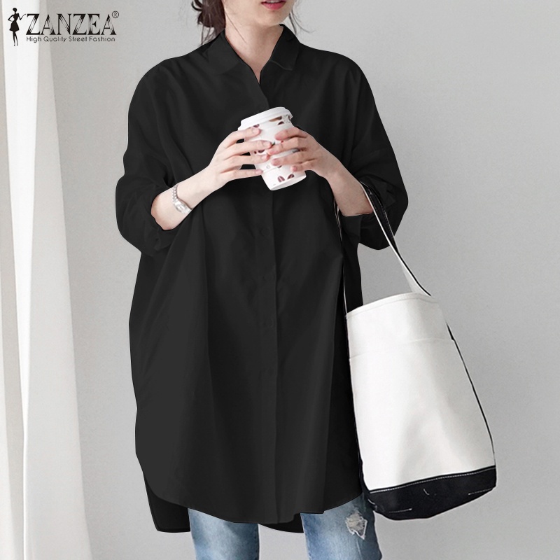 ZANZEA Women Korean Style Vintage Casual Collared Button Down 3/4 Sleeve Solid Color Blouse