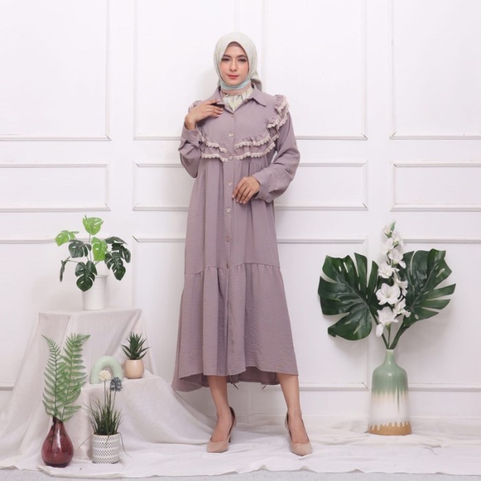 Dress midi crinkle | Dress crinkle renda dada| Tunik crinkle