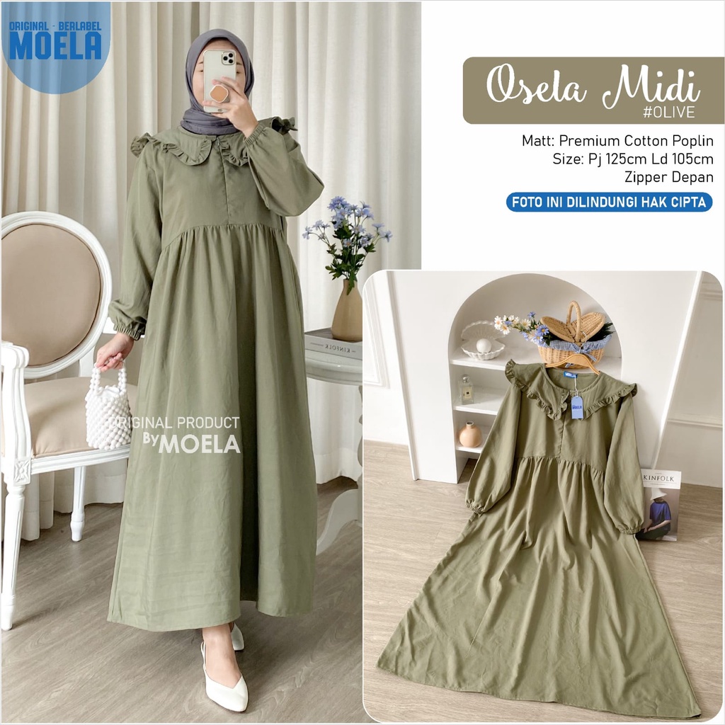 OSELA MIDI DRES ORI MOELA style muslim polosan premium cotton poplin zipper depan BUSUI lebaran  ber