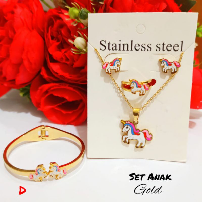 Set TITANIUM Perhiasan Anak TITANIUM karakter kuda poni GOLD tidak karat &amp; tidak luntur
