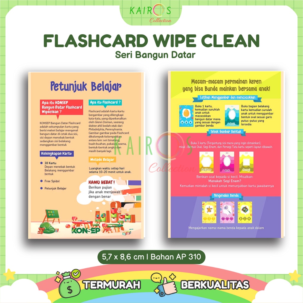 Flashcard Wipe Clean Seri Bangun Datar Kartu Pintar Belajar Balita Bisa Ditulis Dihapus