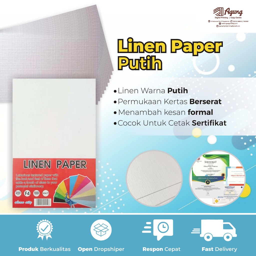 

PROMO CETAK KERTAS SERTIFIKAT / PIAGAM / LINEN PUTIH (KERTAS BERTEKSTUR) UKURAN A3
