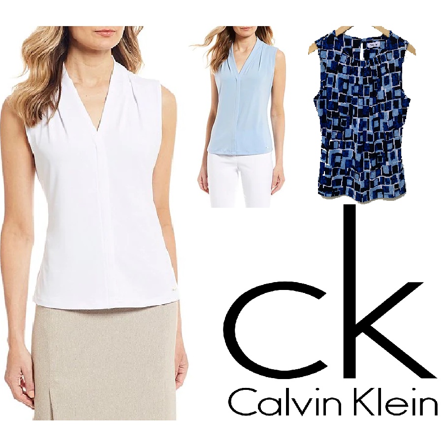 Calvin Klein Blouse Wanita Formal V-Neck Matte Jersey Shoulder Pleat Sleeveless Top