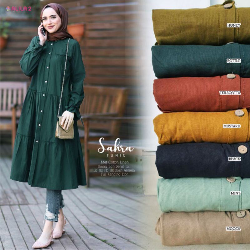 TERBARU TUNIK SAHRA, BAHAN COTTON LINEN, LD.112 PB.110, KANCING AKTIF, by ALILA