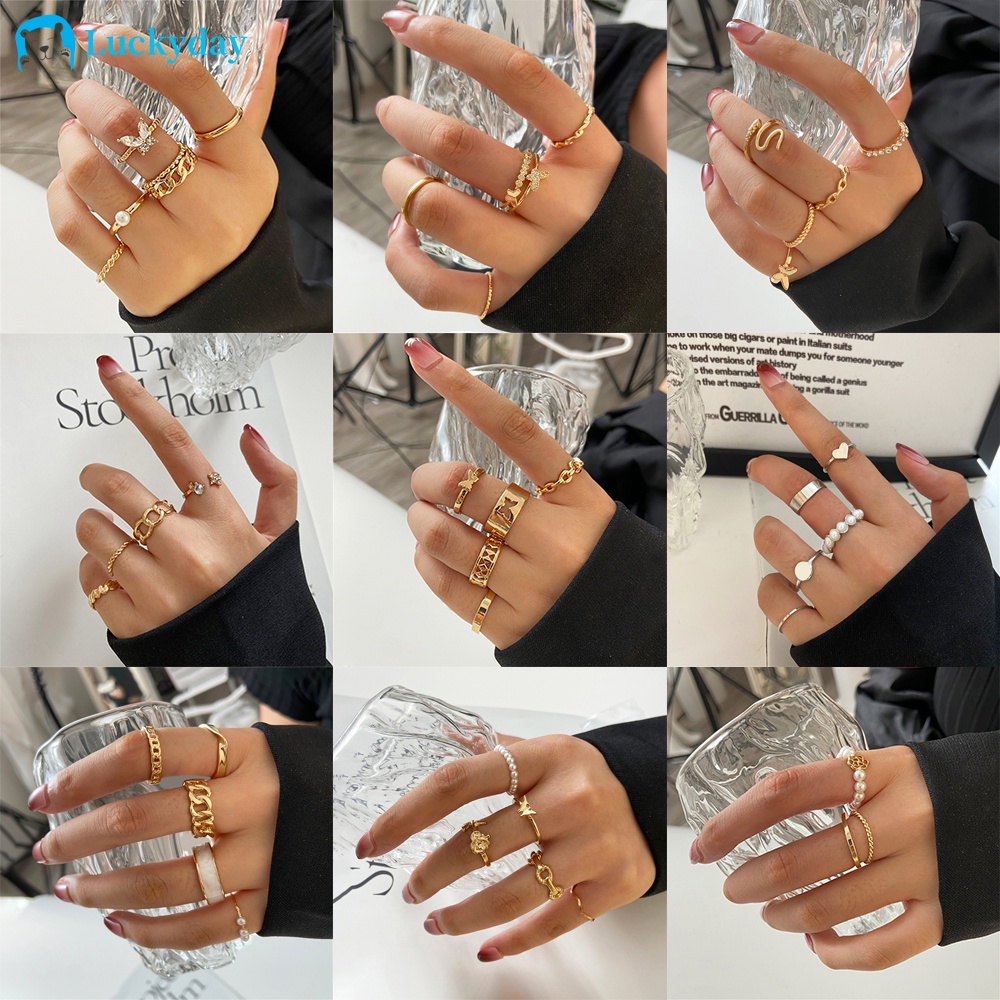 YEEZII Korean Fashion Butterfly Pearl Rhinestones Ring Set Simple Hollow Gold Silver Ring Women Accessories Gift