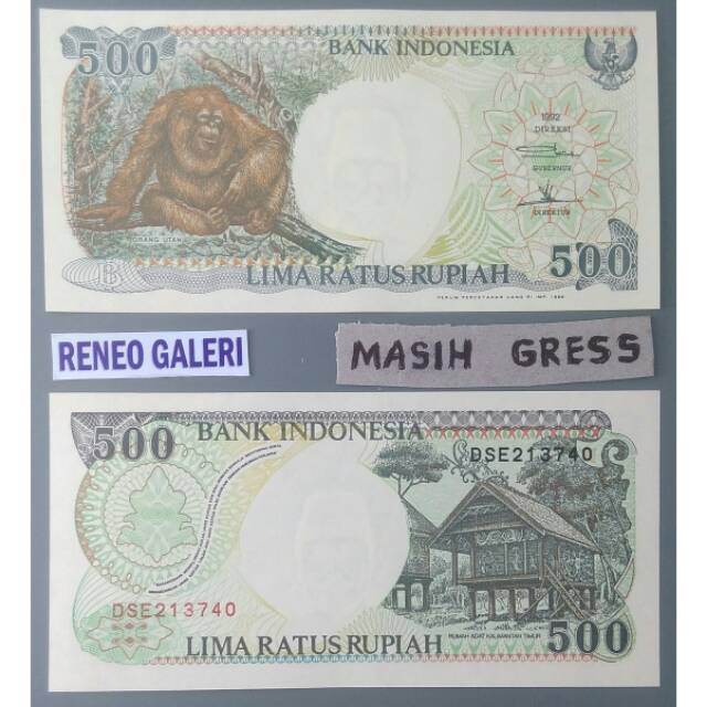 Grees Mulus Asli 500 Rupiah Otan tahun 1992 Orang Utan monyet duduk uang kertas kuno Rp Duit Jadul L