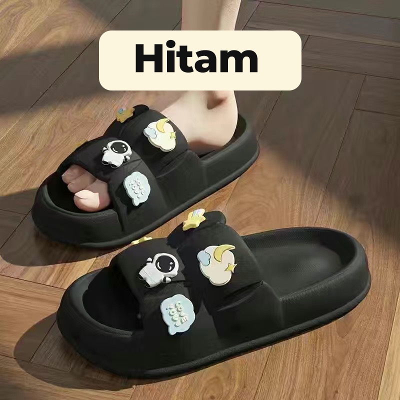 Dejavu Sendal Wanita Terbaru Jelly Karet Sandal Slop Flat Rumahan Empuk Elastis Sendal Anti Slip HSN109-109 Hitam